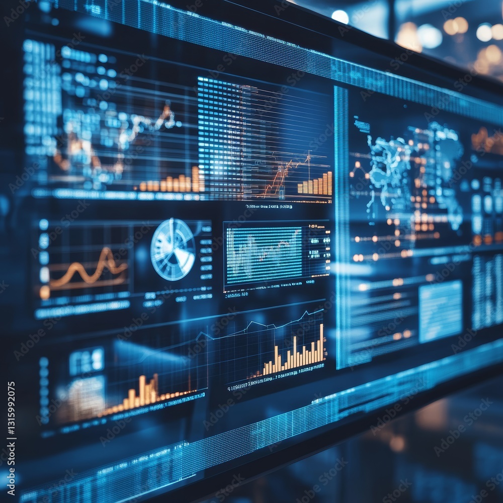 Poster modern data analysis dashboard displaying various graphs and metrics in an office setting. it offers