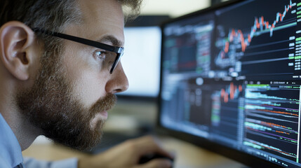 Focused man analyzing stock market data on computer screens, showcasing financial trends and graphs