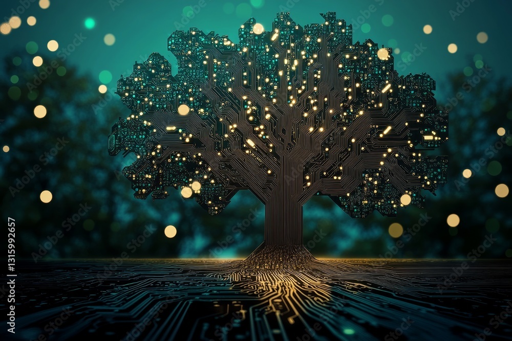 Poster a tree made of electronic components is lit up with lights. the tree is surrounded by a blurry backg