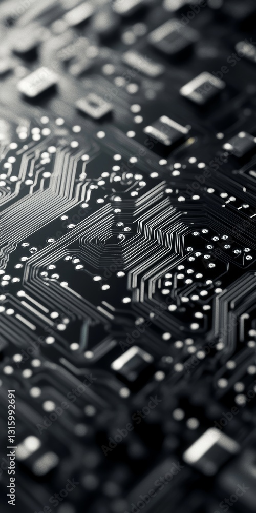 Poster close-up view of an intricate circuit board with detailed patterns and lines, showcasing technology 