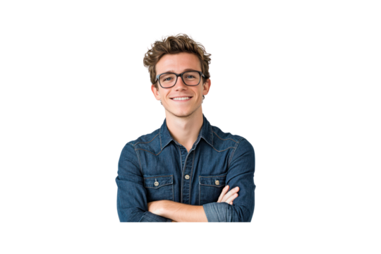 Close-up shot of a fashionable young man with a friendly smile, wearing a fitted denim shirt and sleek glasses, crossing his arms in a confident, relaxed stance
