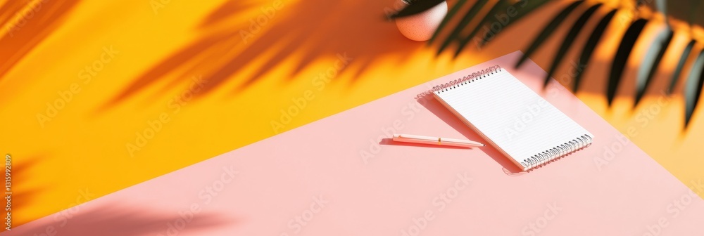 Poster dynamic digital workspace minimalist color-block home office with palm shadow, modernist productivit
