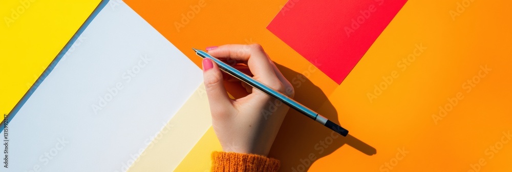 Poster Vibrant Minimalist Workspace Gen Z Creatives Dynamic Color Block Design with Sleek Writing Instrument - Inspiring Digital Productivity and Modern Aesthetic Expression