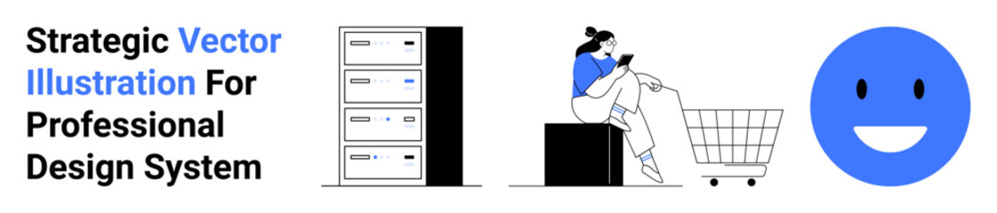 Woman uses smartphone while sitting near shopping cart, server racks, and blue smiling face icon. Ideal for e-commerce, technology, storage, digital marketing, customer satisfaction, innovation flat