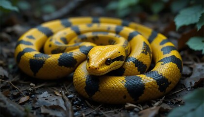 Striking Yellow Anaconda Coiled on Forest Floor with Intricate Black Markings