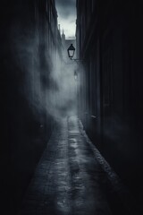 Obraz premium A narrow, fog-filled alleyway illuminated by a single lantern casts an eerie atmosphere. The cobblestone path reflects the dim light, evoking a sense of mystery.