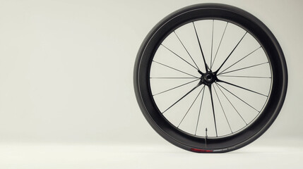 Naklejka premium Ultra-lightweight carbon bicycle wheel displayed on a crisp white background highlighting its sleek design features
