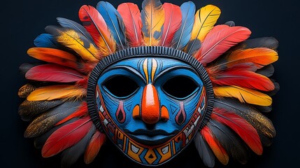 A striking tribal mask with multicolored feathers and finely detailed patterns reflecting traditional design