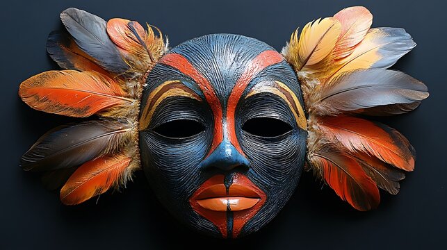 A handcrafted tribal mask featuring vivid feathers and intricate symmetrical patterns