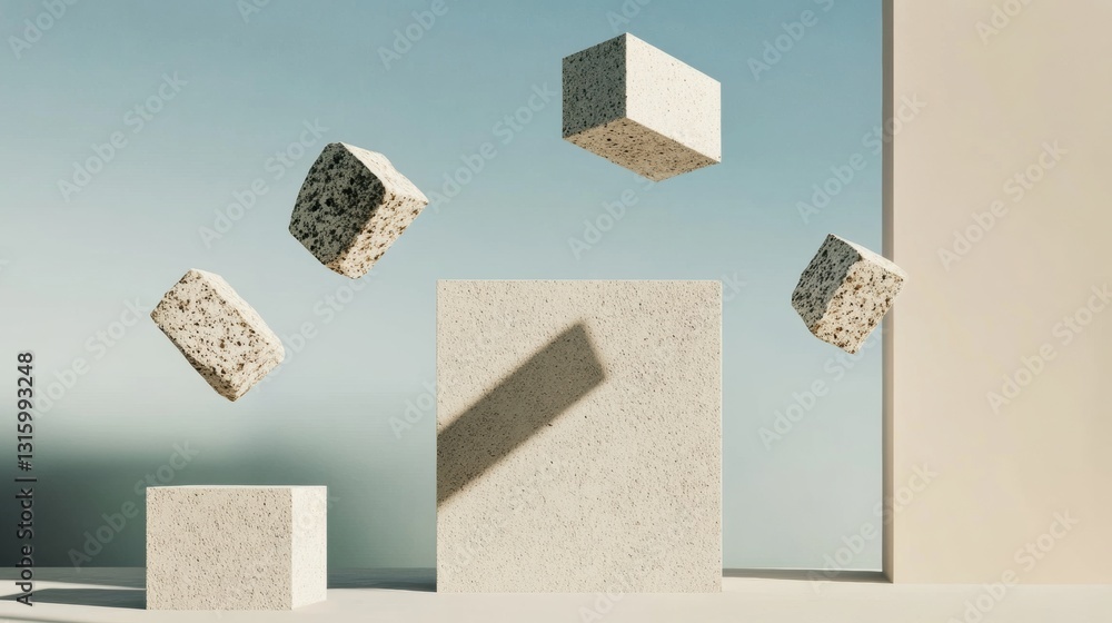 Aufkleber Gravity-Defying Minimalist Architecture Floating Geometric Terrazzo Blocks Reimagining Spatial Design for Contemporary Urban Innovation and Creative Branding Solutions