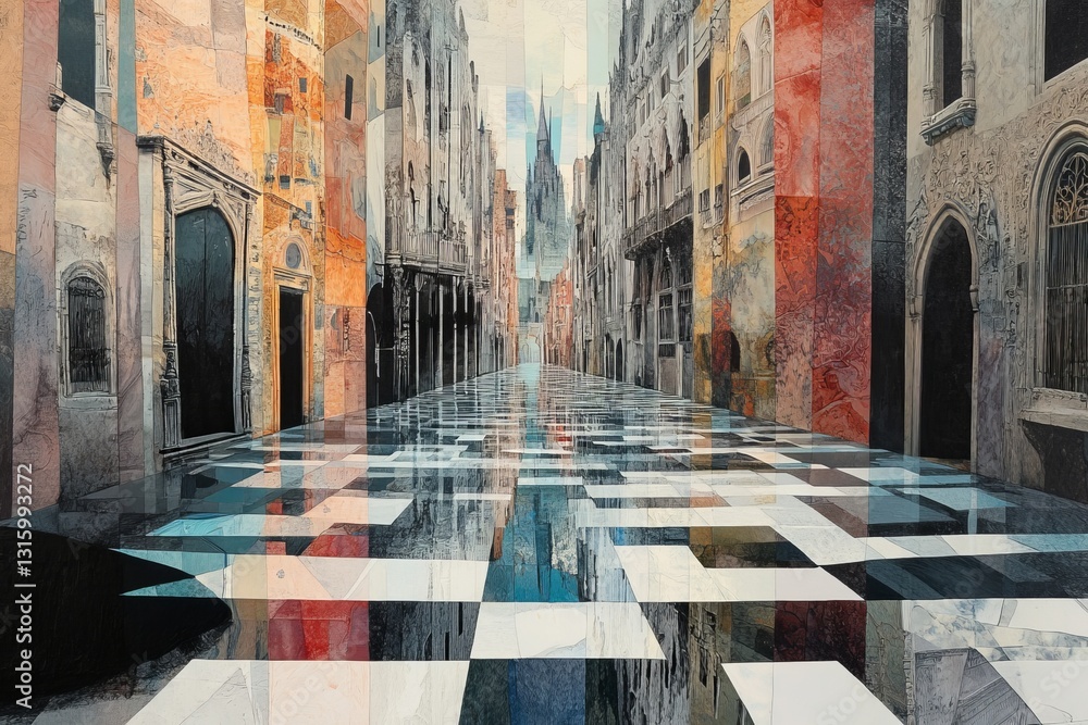 Poster explore this stunning abstract representation of a venice street, where colorful reflections merge w