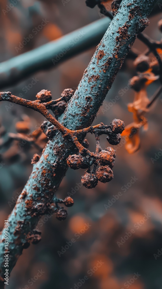 Poster close-up of rusty branch with berries in natural environment