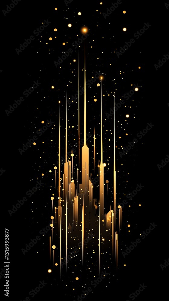 Poster stunning vertical design featuring golden lines and sparkling dots on a sleek black background. perf