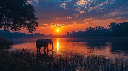 Naklejka premium Majestic Elephant Silhouetted Against Vibrant Sunset Over Tranquil Water in Natural Habitat