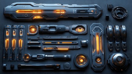 Futuristic Sci-Fi UI elements kit on dark background