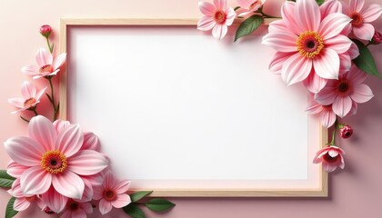 This image presents a delicate and beautiful scene of pink flowers and green leaves surrounding a clean white frame. The combination of the floral elements and the wooden frame creates an elegant.