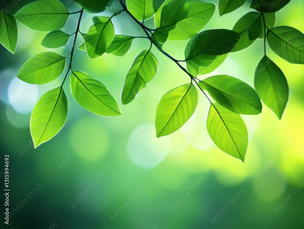Poster fresh green leaves on branch with bokeh background in sunlight capturing the essence of nature and s