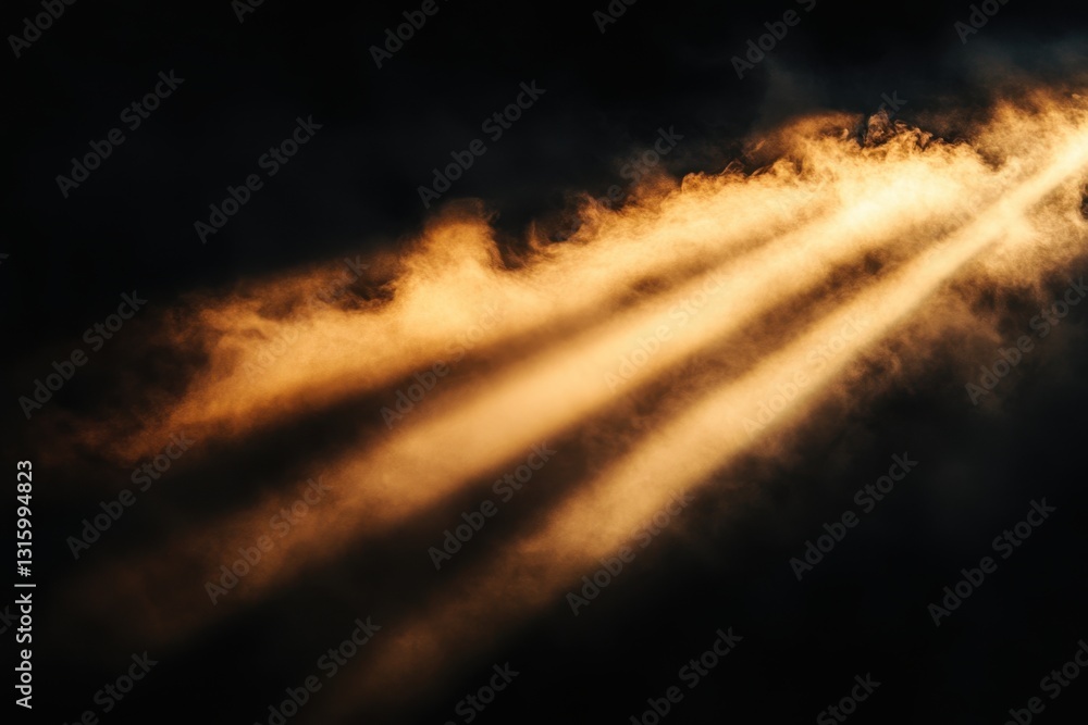 Poster dramatic golden light rays piercing through dark clouds creating a celestial atmosphere abstract nat
