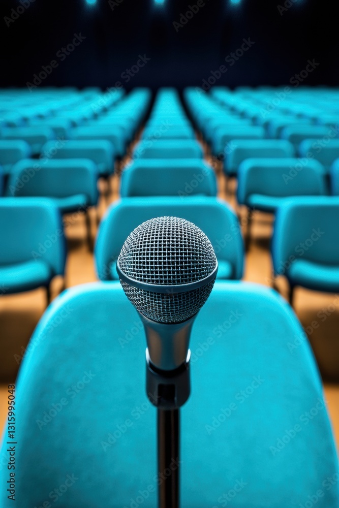 Poster immersive media symposium vibrant teal conference hall with professional microphone - innovative com
