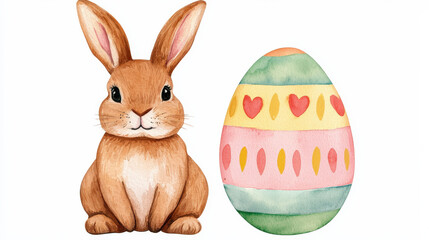 A cute bunny sits beside a colorful Easter egg, highlighting festive themes of spring and celebration.