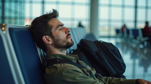 Relaxation break on national napping day a man napping in an airport lounge casual environment peaceful viewpoint