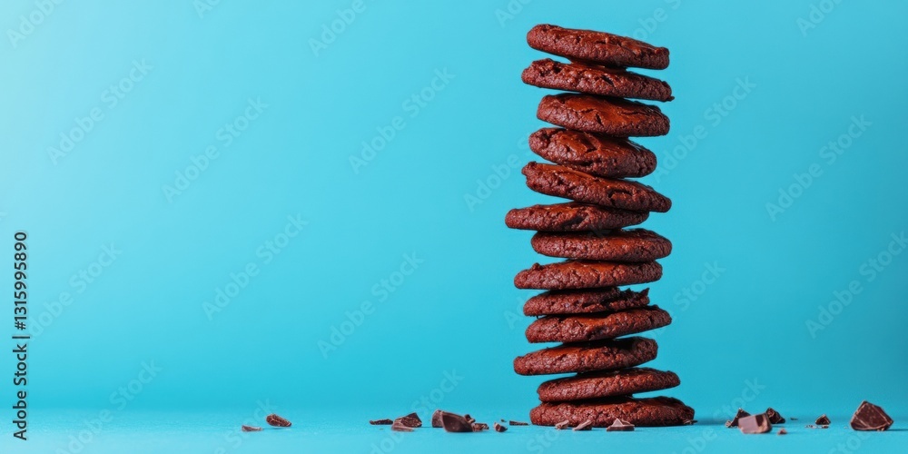 Poster balanced chocolate indulgence minimalist cookie stack revealing artisan baking craft on vibrant back
