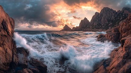 Fototapeta premium Dramatic sunset over ocean waves crashing against rocky coast.