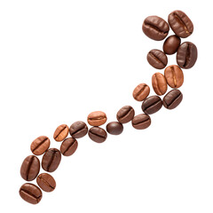 Naklejka premium Coffee beans in various shades of brown arranged in a curved line isolated on white or transparent png, highlighting the natural texture and color of the beans.