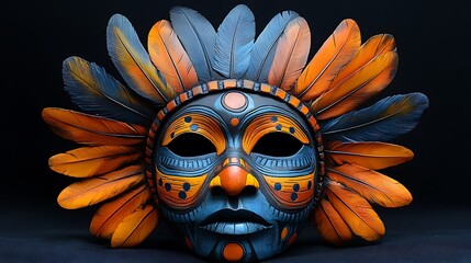A colorful tribal mask with layered feathers and precise hand-carved patterns