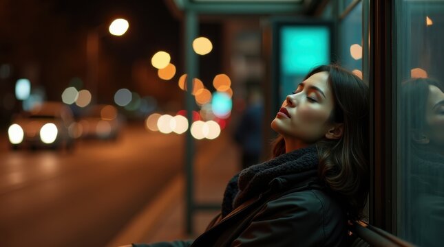 Relaxation break on national napping day at bus stop nighttime urban environment woman resting in peaceful moment