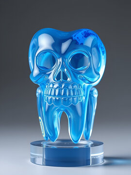 Escultura de una muela transparente de cristal azul, concepto de belleza dental, y dentista.