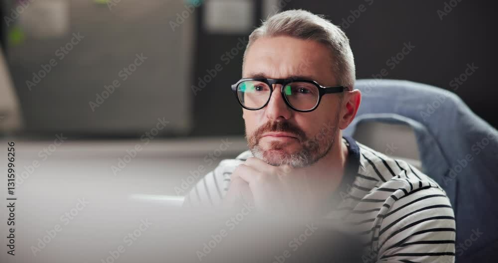 Aufkleber business, creative and man with computer, thinking and copywriter with ideas for project and article