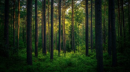 Obraz premium Sunlit pine forest with lush green undergrowth.