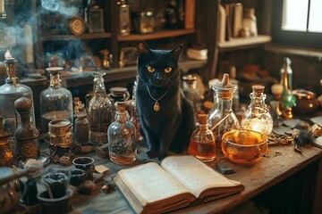 A mystical black cat sits gracefully among ancient glass bottles, potions, and an open book, creating a magical atmosphere filled with smoke and enchantment.