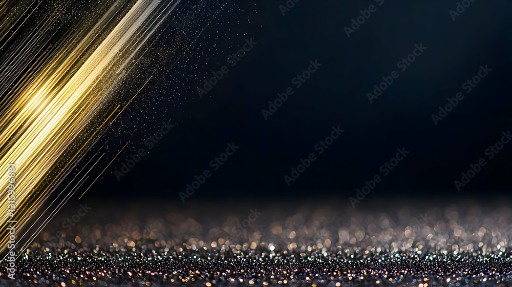 Poster golden glitter trail on a black background with sparkling texture festive backdrop with copy space f