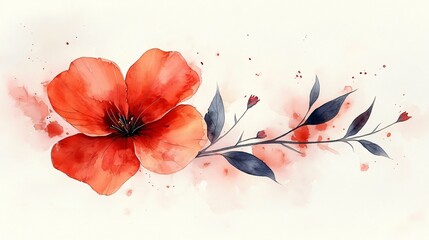 Vibrant Red Flower Watercolor Painting with Delicate Leaves and Soft Background Design Element