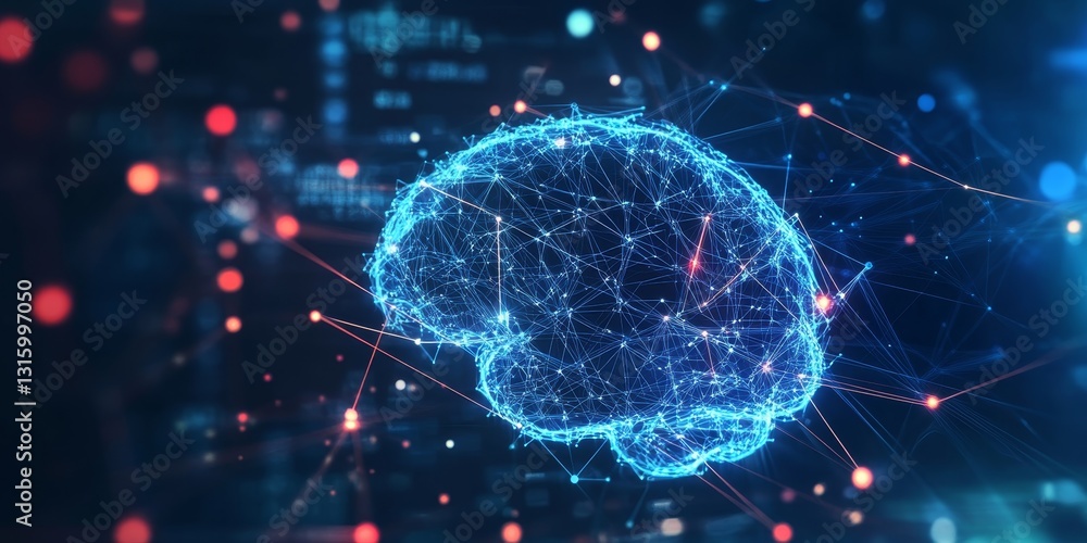 Poster futuristic digital brain with neural connections and binary code