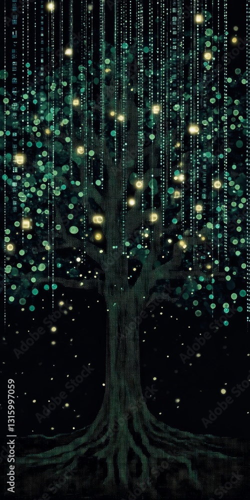 Poster an enchanting abstract representation of a tree illuminated by glowing lights, set against a dark ba