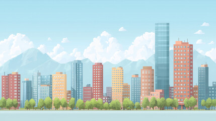Fototapeta premium A stunning urban landscape featuring a city skyline with a majestic mountain range in the background under clear blue sky