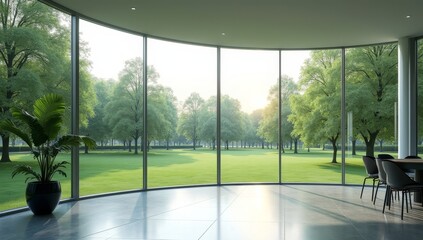 A modern office space with floor-to-ceiling windows overlooking a lush green park, creating a bright and airy atmosphere