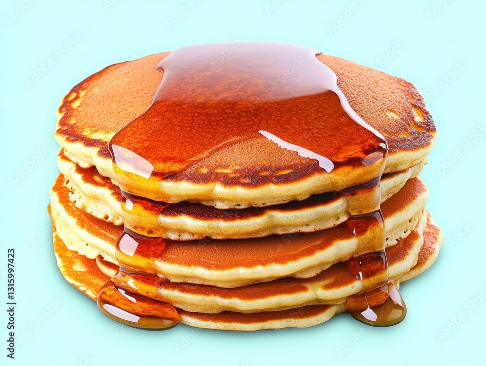 Poster stack of golden pancakes with dripping maple syrup on a light blue background creating a delicious b