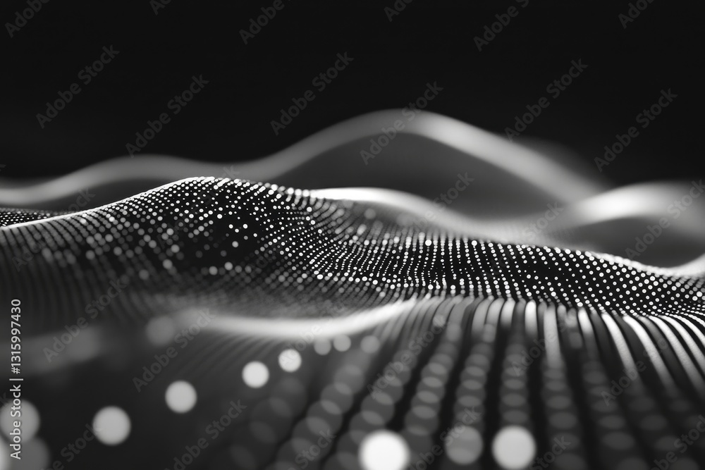 Poster a black and white image of a wave with a lot of dots. the image has a futuristic and abstract feel t
