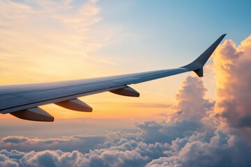 Obraz premium Wanderlust Horizons Immersive Travel Experience of Modern Aerospace Design Capturing Epic Sunset Cloudscape and Innovative Airline Exploration