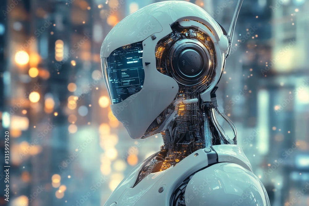 Poster this image showcases a futuristic robot with intricate technology and a sleek design. the glowing ci