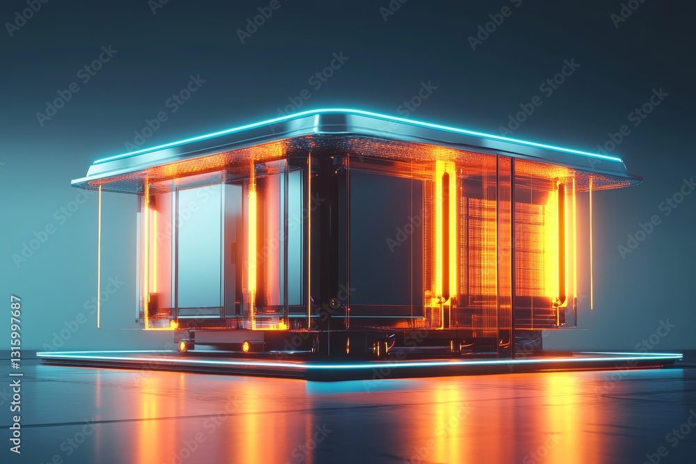 Poster this captivating image features a futuristic neon cube structure with glowing edges and a geometric 