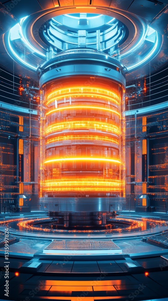 Poster a captivating sci-fi scene showcasing a futuristic energy source illuminated in bright orange and bl