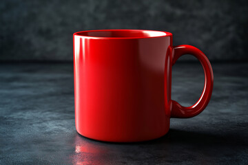 Bold glossy red ceramic mug mockup set against a dark, textured stone surface with moody lighting. Ideal for branding, logo designs, and premium product presentations