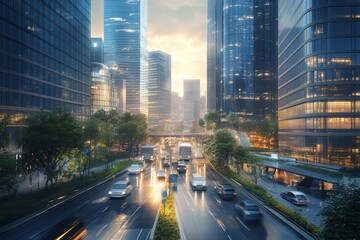 Fototapeta premium Urban Cityscape at Dawn with Traffic in Skyscraper District