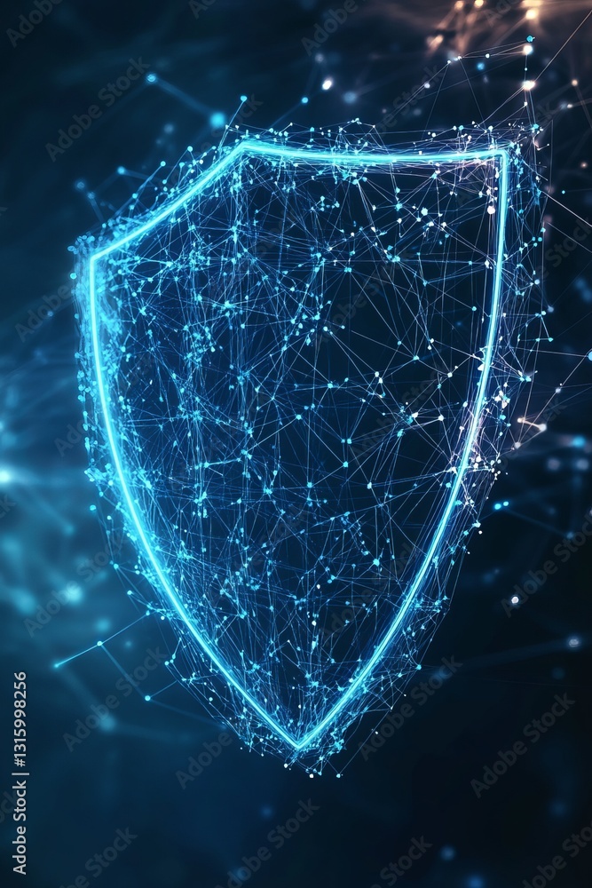 Poster explore a conceptual representation of data security in iot networks, showcasing a digital shield sy
