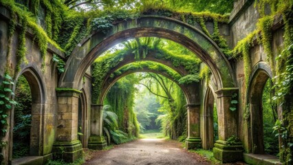 Obraz premium Overgrown stone archway pathway leading into a sun-dappled forest, lush vegetation covers ancient ruins creating a mystical scene.